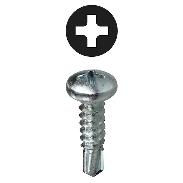 Self-Drilling Screw, #10-16 x 1 in, Zinc Plated Steel Pan Head Phillips Drive, 100 PK